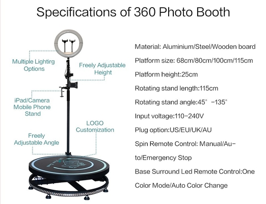 80 100 115 cm Party Rotation Lente Spinning Camera 360 Degré Photomaton Photobooth Automatique Vidéo 360 spinner Booth